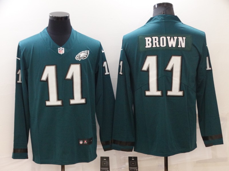 Men's Green Philadelphia Eagles #11 A. J. Brown Therma Long Sleeve Stitched Jersey